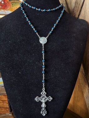 Vintage metal rosary blue metallic beads silver crucifix gothic catholic relic